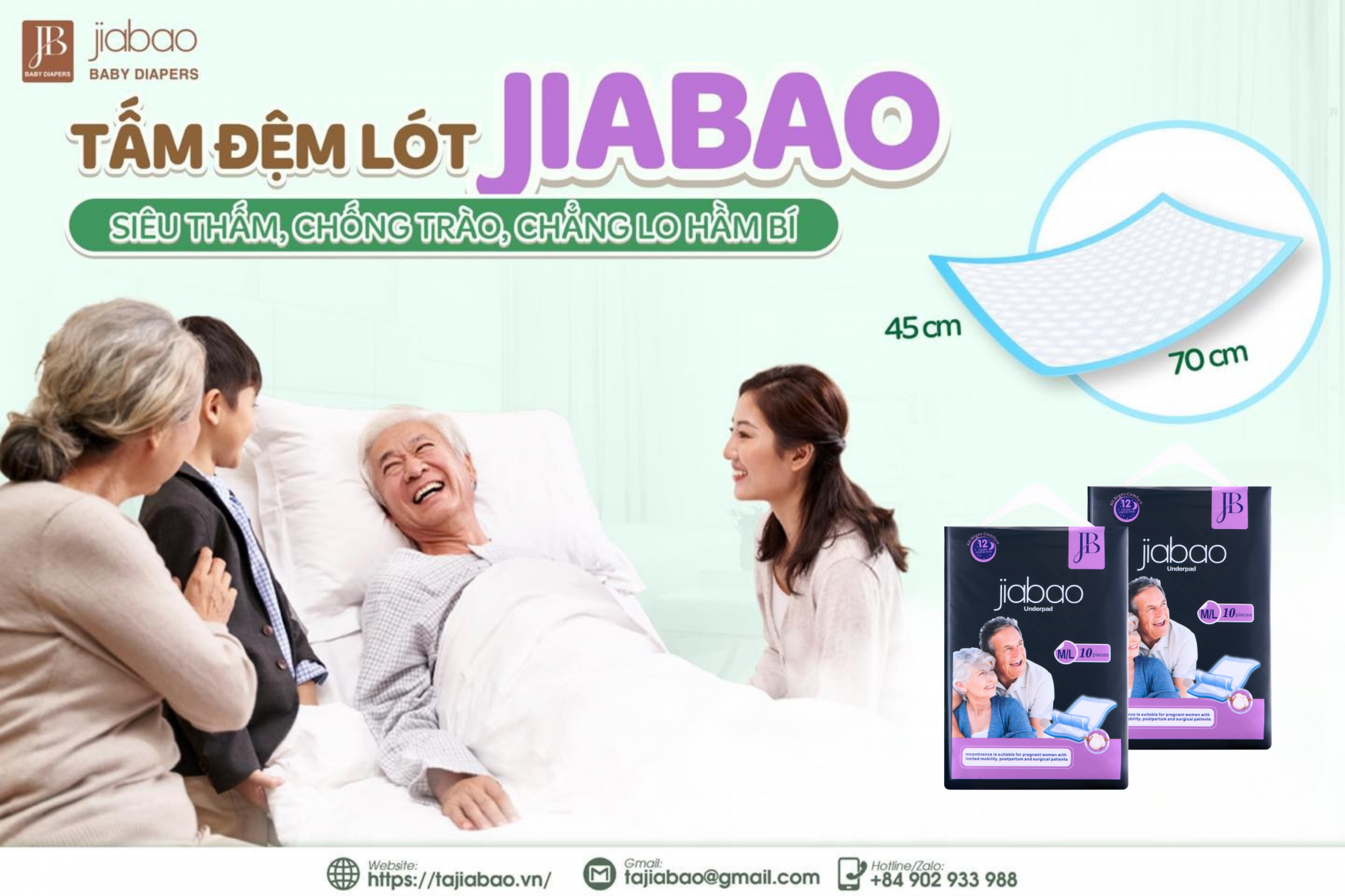 Tấm đệm lót người lớn Jiabao – Mềm mại, siêu thấm, chống tràn hiệu quả