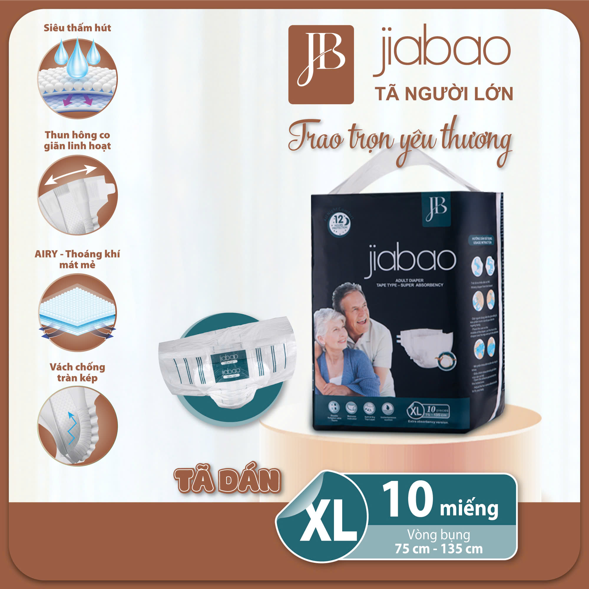 Tã Dán Người Lớn Jiabao Công Nghệ Nhật Bản - Bịch 10 Miếng Size XL