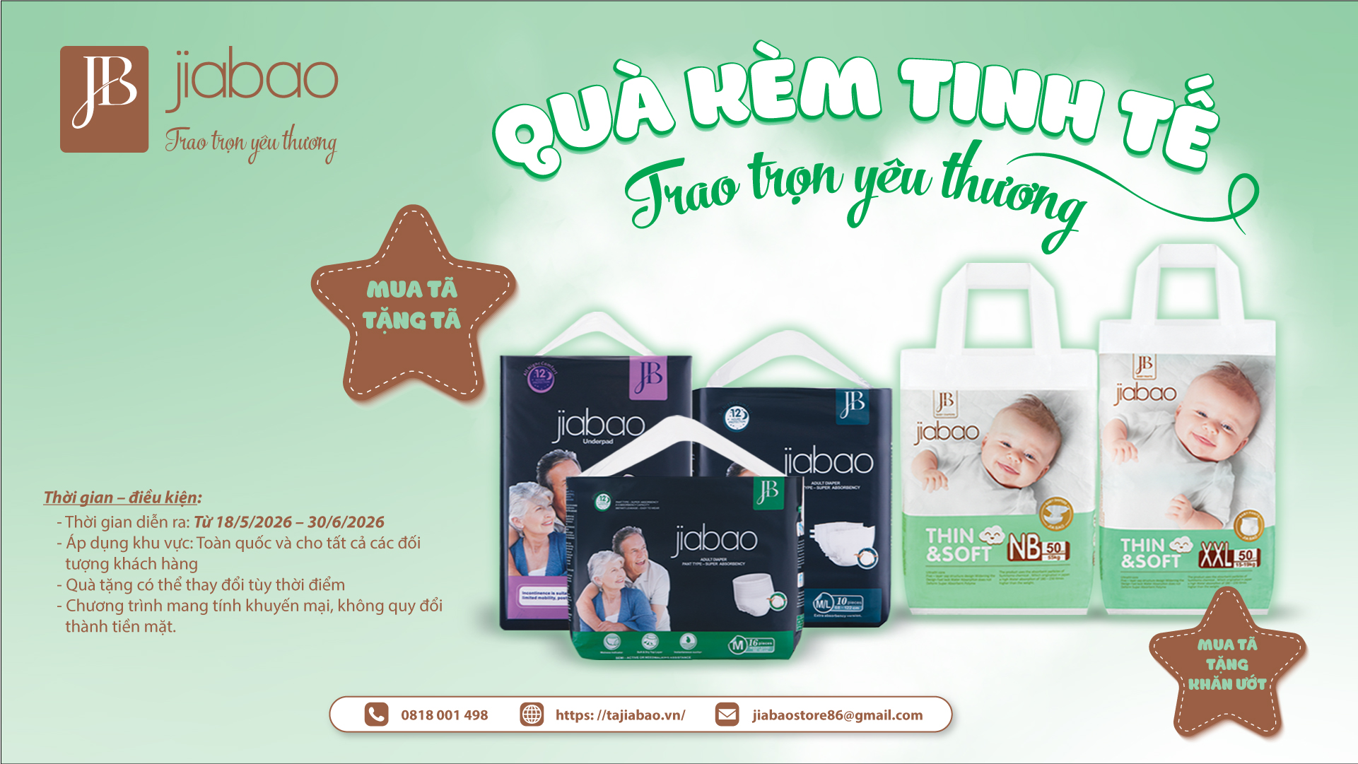 Chương trình khuyến mãi tháng 5 Jiabao dành cho tã em bé & tã người lớn