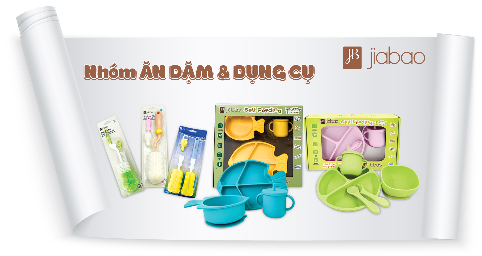 dụng cụ ăn dặm cho bé jiabao bộ ăn dặm silicon an toàn bát thìa cốc tập ăn cho bé